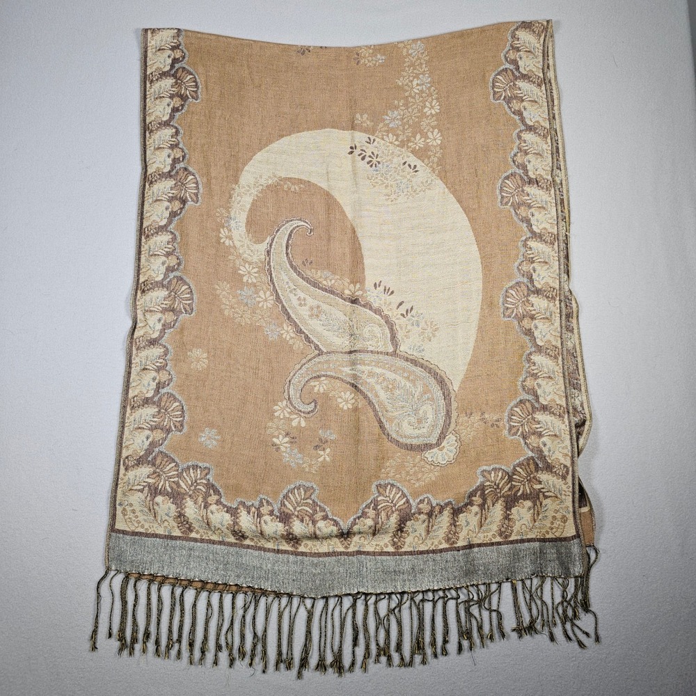 Pashmina Silk Blend Shawl Scarf Women OS Tan Gold Paisley Jacquard Fringe Wrap